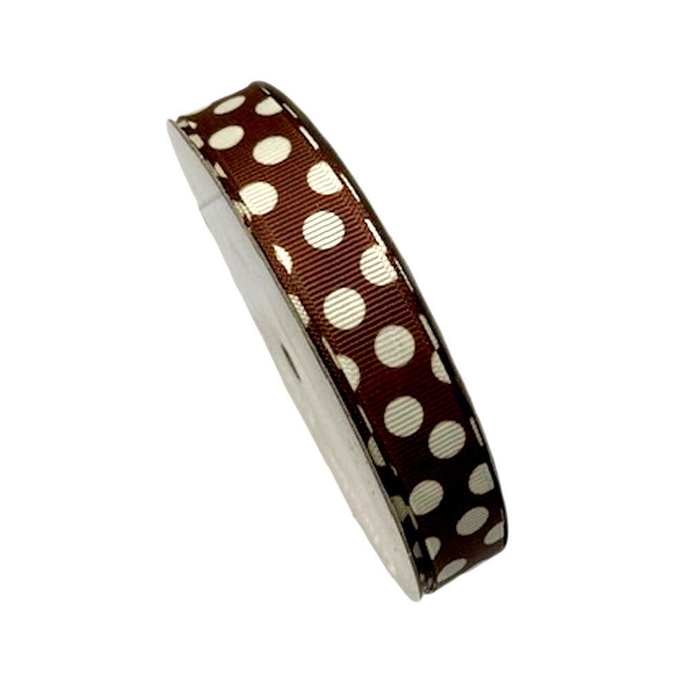 Brown Grosgrain Ribbon With White Circle Design (15mm)